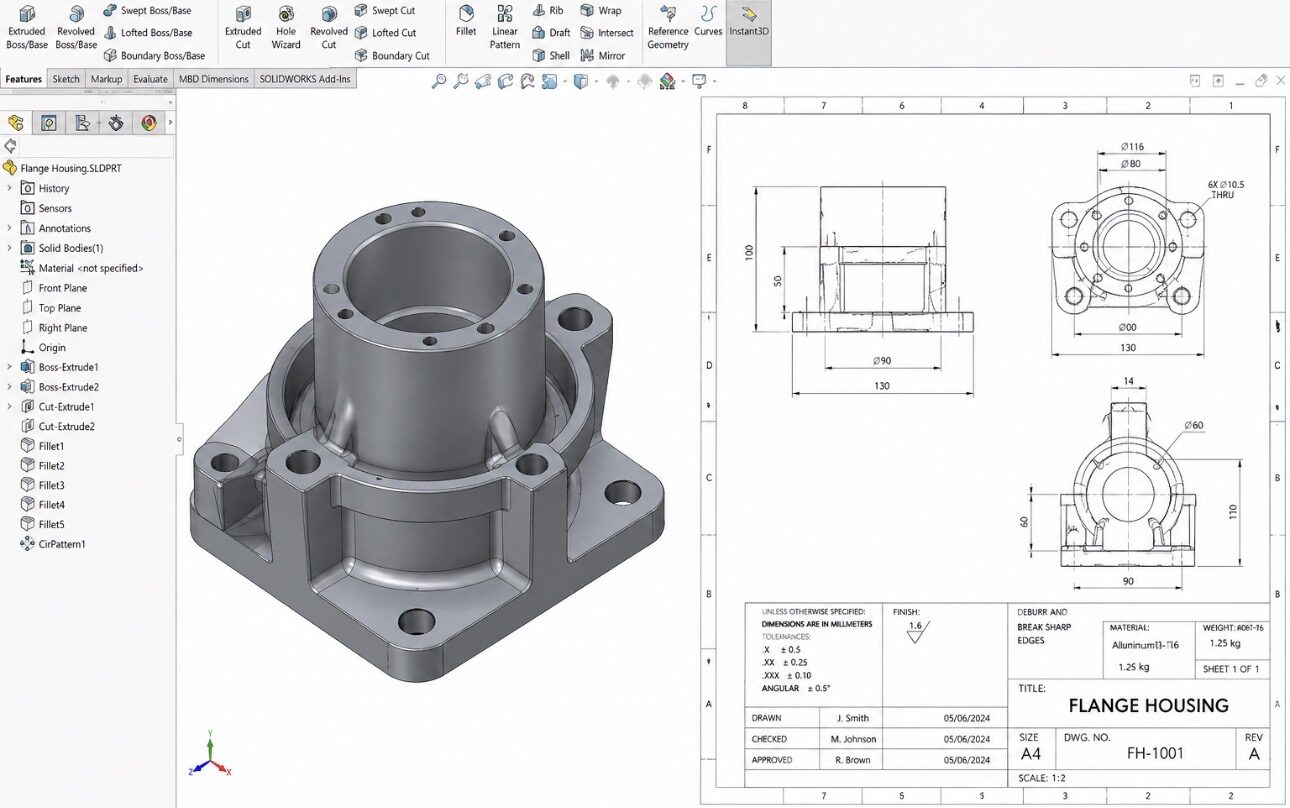 3D Onshape CAD model and engineering drawing of a custom flange housing designed at ArcWest